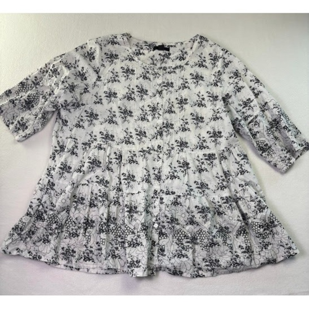 Ellos Women's Plus Size 18/20 Cotton Tunic‎ Black & White Floral Cottagecore